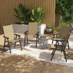 Outsunny Set of 4 Outdoor Folding Chairs, Stackable Patio Dining Chairs with Armrests, Metal Frame, Light Mixed Brown - Image 10