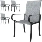 Outsunny Set of 4 Outdoor Wicker Dining Chairs with Armrest, Steel Frame, High Back and Deep Seating, Gray