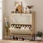 HOMCOM Shoe Cabinet with 2 Flip Drawers, Boho Narrow Shoe Storage Cabinet, Oak - Image 2