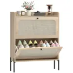 HOMCOM Shoe Cabinet with 2 Flip Drawers, Boho Narrow Shoe Storage Cabinet, Oak