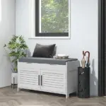 HOMCOM Shoe Storage Bench, Modern Entryway Bench with Cushion, Hidden Compartments, Adjustable Shelves, Shutter Doors, White - Image 2