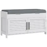 HOMCOM Shoe Storage Bench, Modern Entryway Bench with Cushion, Hidden Compartments, Adjustable Shelves, Shutter Doors, White - Image 12