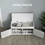 HOMCOM Shoe Storage Bench, Modern Entryway Bench with Cushion, Hidden Compartments, Adjustable Shelves, Shutter Doors, White - Image 4