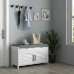 HOMCOM Shoe Storage Bench, Modern Entryway Bench with Cushion, Hidden Compartments, Adjustable Shelves, Shutter Doors, White - Image 10