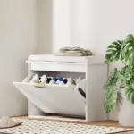 Shoe Storage Bench with Padded Seat Cushion and Flip-Drawer, Entryway Bench, Shoe Cabinet, 24.4x10.2x18.7 Inches, White - Image 2