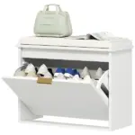 Shoe Storage Bench with Padded Seat Cushion and Flip-Drawer, Entryway Bench, Shoe Cabinet, 24.4x10.2x18.7 Inches, White