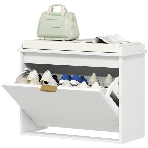 shoe-storage-bench-with-padded-seat-cushion-and-flip-drawer-entryway-bench-shoe-cabinet-244x102x187-inches-white.webp Shoe Storage Bench with Padded Seat Cushion and Flip-Drawer, Entryway Bench, Shoe Cabinet, 24.4x10.2x18.7 Inches, White - Image 1