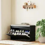 HOMCOM Shoe Storage Bench with Padded Seat Cushion and Flip-Drawer, Entryway Bench, Shoe Cabinet, 31.5x10.2x18.7 Inches, Black - Image 2