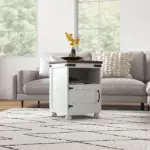 Side Table with Storage, End Table with Open Shelf, Cupboard and Wood Legs, Modern and Farmhouse Style, White - Image 2