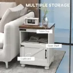 Side Table with Storage, End Table with Open Shelf, Cupboard and Wood Legs, Modern and Farmhouse Style, White - Image 4