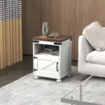 Side Table with Storage, End Table with Open Shelf, Cupboard and Wood Legs, Modern and Farmhouse Style, White - Image 10