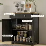 Sideboard Buffet Cabinet Black Kitchen Coffee Bar Storage with Solid Wood Top Adjustable Shelf 2 Drawers for Living Room - Image 7
