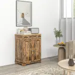 Sideboard Buffet Cabinet Brown Kitchen Coffee Bar Storage with Solid Wood Top Adjustable Shelf 2 Drawers for Living Room - Image 2