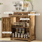 Sideboard Buffet Cabinet Brown Kitchen Coffee Bar Storage with Solid Wood Top Adjustable Shelf 2 Drawers for Living Room - Image 7