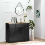 Sideboard Buffet Rubberwood Top 3 Drawers 3 Cabinets Adjustable Shelves Black Kitchen - Image 2