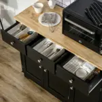 Sideboard Buffet Rubberwood Top 3 Drawers 3 Cabinets Adjustable Shelves Black Kitchen - Image 9