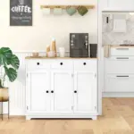HOMCOM Sideboard with Solid Wood Countertop, Kitchen Storage Cabinet, Coffee Bar Cabinet with Drawers, Doors and Adjustable Shelf, White - Image 2