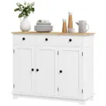 HOMCOM Sideboard with Solid Wood Countertop, Kitchen Storage Cabinet, Coffee Bar Cabinet with Drawers, Doors and Adjustable Shelf, White