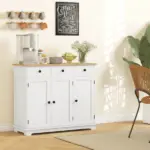 HOMCOM Sideboard with Solid Wood Countertop, Kitchen Storage Cabinet, Coffee Bar Cabinet with Drawers, Doors and Adjustable Shelf, White - Image 8