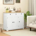 HOMCOM Sideboard with Solid Wood Countertop, Kitchen Storage Cabinet, Coffee Bar Cabinet with Drawers, Doors and Adjustable Shelf, White - Image 10