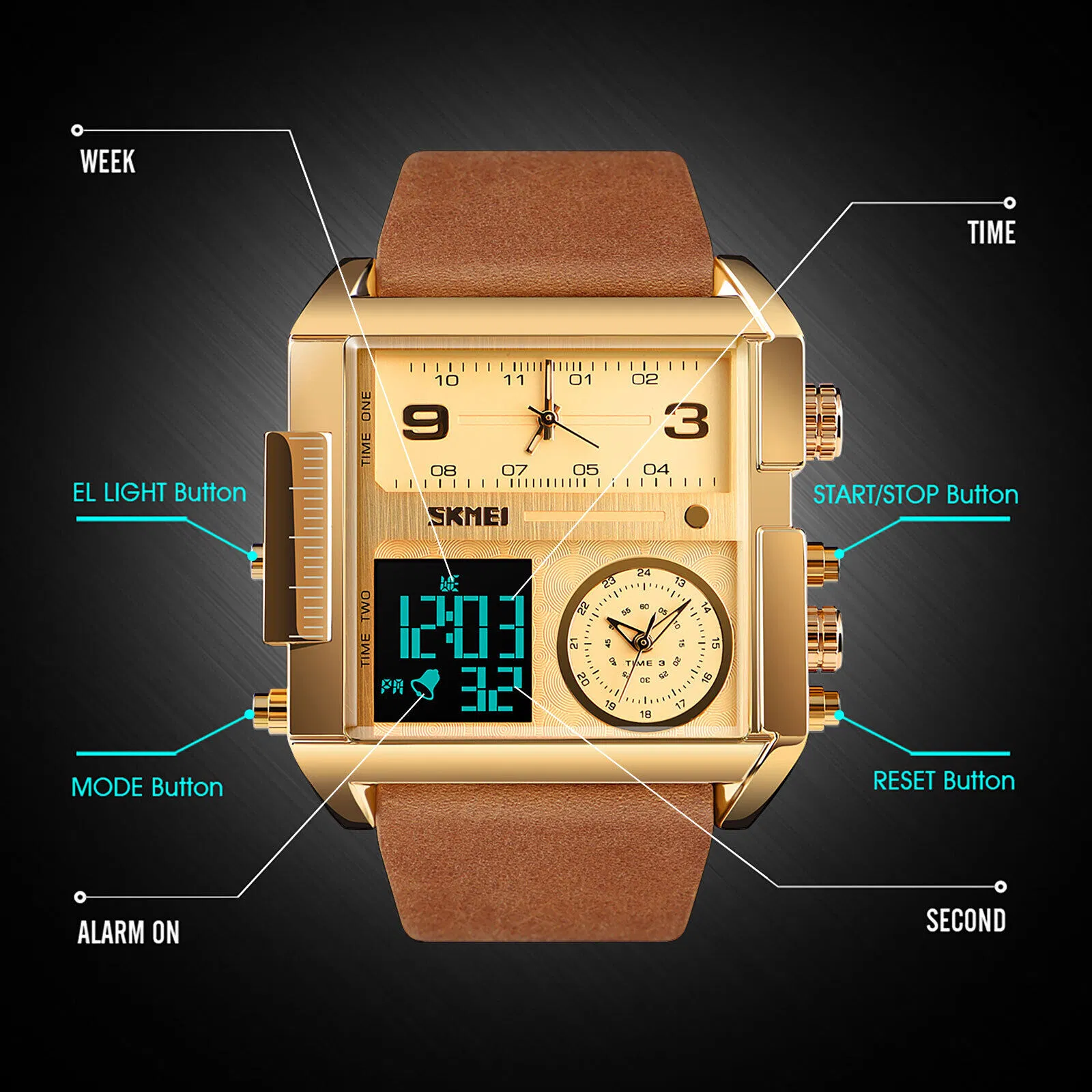 SKMEI Mens Triple Time Digital Quartz Sports Watch with Leather Band