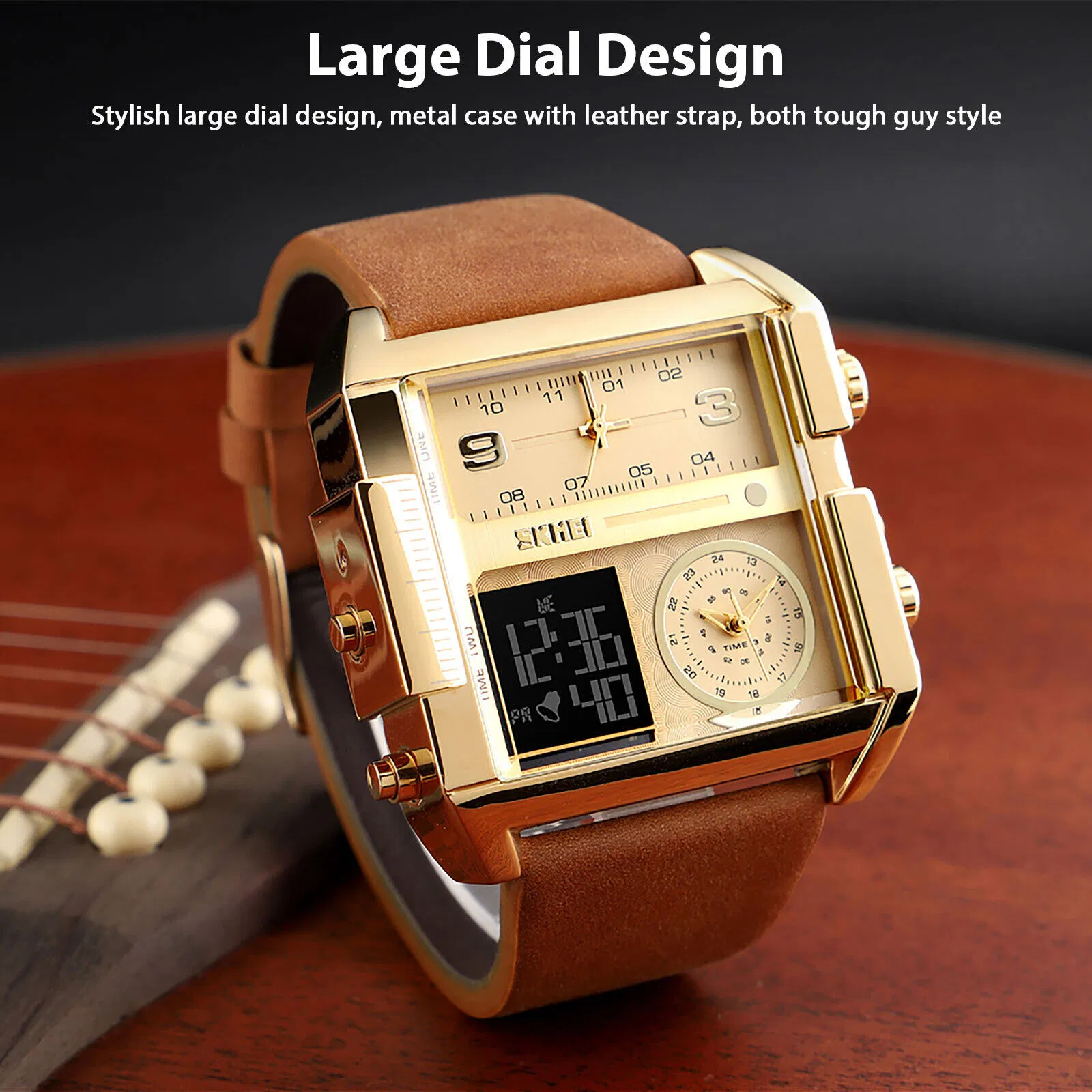 SKMEI Mens Triple Time Digital Quartz Sports Watch with Leather Band