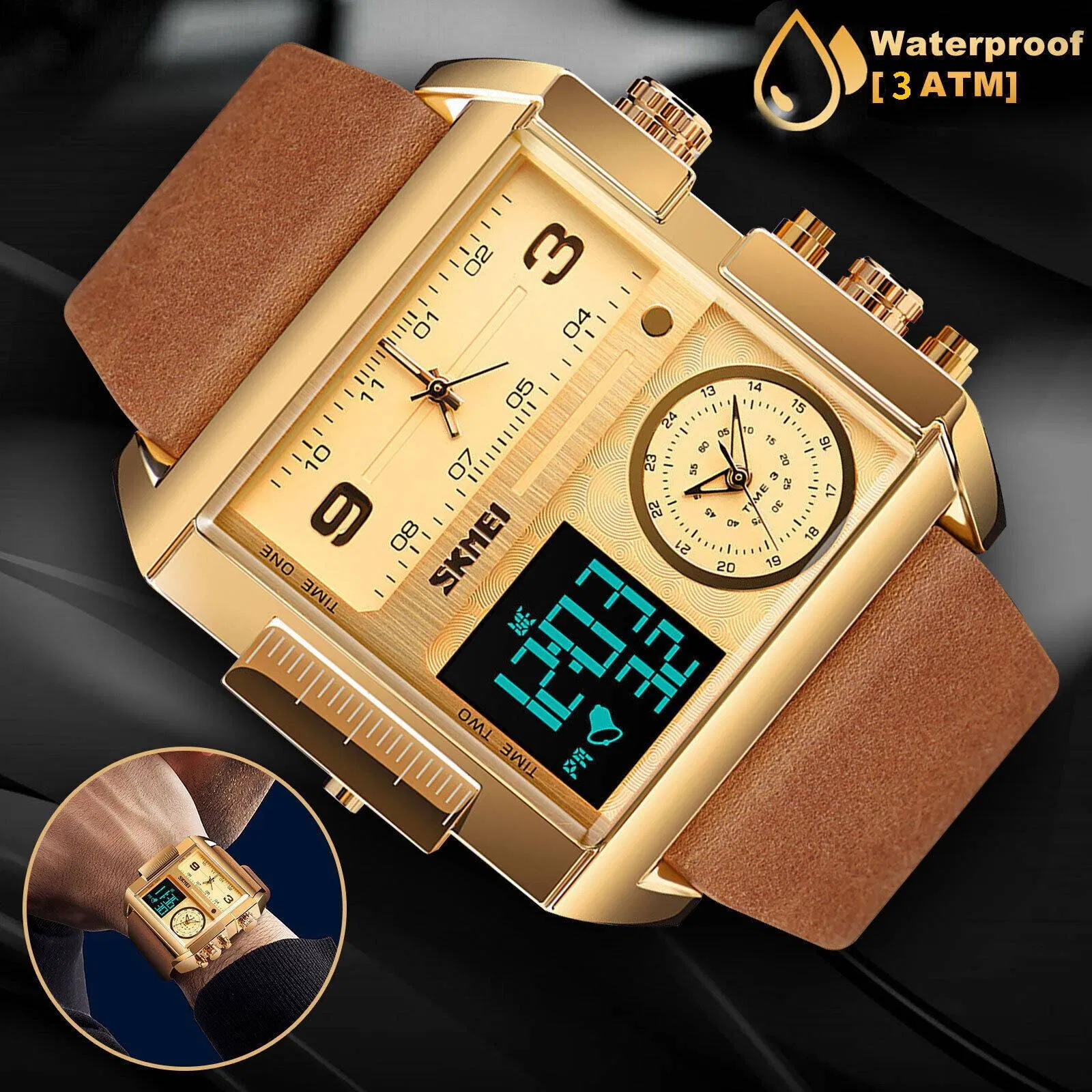 SKMEI Mens Triple Time Digital Quartz Sports Watch with Leather Band