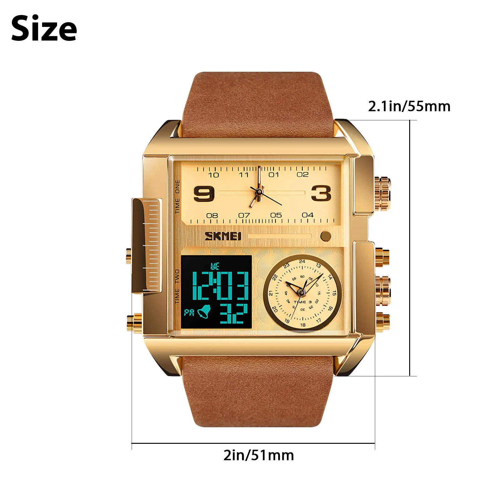 SKMEI Mens Triple Time Digital Quartz Sports Watch with Leather Band