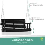 46 Inch 2 Person Wooden Porch Swing Bench with Cup Holders, Black - Image 4