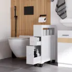 HOMCOM Slim Bathroom Storage Cabinet Narrow with Shelf 2 Drawers 4 Casters Floor Organizer White - Image 9