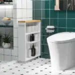 Kleankin Slim Bathroom Storage Cabinet Rolling Wheels Shelves Toilet Paper Holder White - Image 2