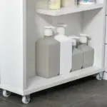 Kleankin Slim Bathroom Storage Cabinet Rolling Wheels Shelves Toilet Paper Holder White - Image 14