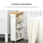 Kleankin Slim Bathroom Storage Cabinet Rolling Wheels Shelves Toilet Paper Holder White - Image 4