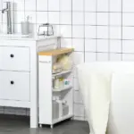 Kleankin Slim Bathroom Storage Cabinet Rolling Wheels Shelves Toilet Paper Holder White - Image 7