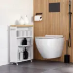 Kleankin Slim Bathroom Storage Cabinet Rolling Wheels Shelves Toilet Paper Holder White - Image 8