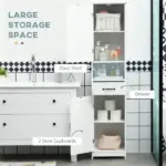 Kleankin Slim Bathroom Storage Cabinet, Tall Linen Tower with Open Shelf, Drawer, Recessed Doors and Adjustable Shelves, White - Image 4