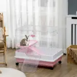 Small Animal Cage 2-Level Rabbit Hutch with Wheels Removable Tray Pink for Bunny Chinchillas Ferret - Image 2
