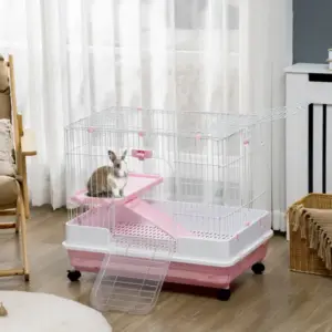 small animal cage 2 level rabbit hutch with wheels removable tray pink for bunny chinchillas ferret 1