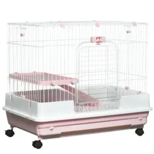 small animal cage 2 level rabbit hutch with wheels removable tray pink for bunny chinchillas ferret