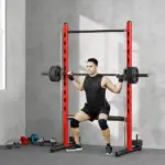 Squat Rack with Pull Up Bar and Barbell Bar Adjustable Bench Press Multi-Function Weight Lifting Half Rack, Red - Image 2