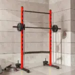 Squat Rack with Pull Up Bar and Barbell Bar Adjustable Bench Press Multi-Function Weight Lifting Half Rack, Red - Image 9