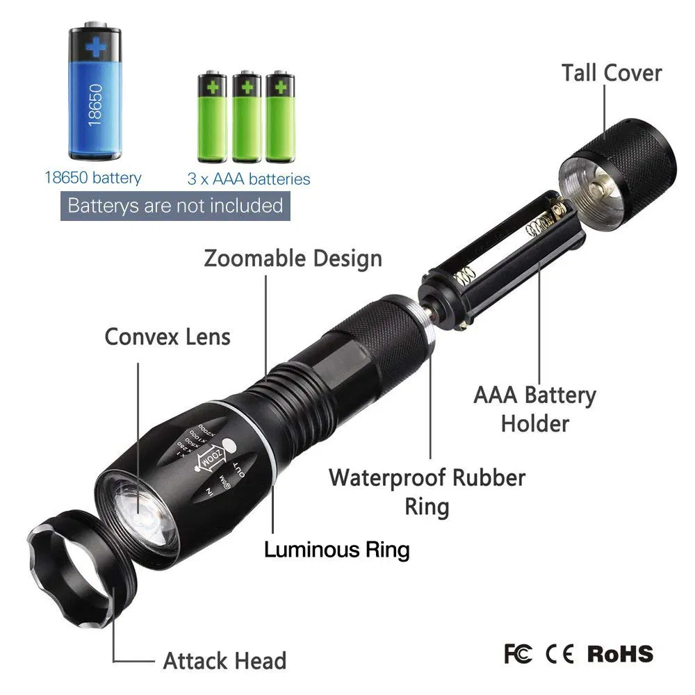 2 Pack Zoomable LED Tactical Flashlights with 5 Modes and AAA Battery Holders