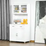 Tall Kitchen Pantry Cabinet Storage, Modern Kitchen Pantry Cabinet with Framed Glass Doors, Shelves and Drawers, White - Image 2
