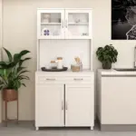 Tall Kitchen Pantry Cabinet Storage, Modern Kitchen Pantry Cabinet with Framed Glass Doors, Shelves and Drawers, White - Image 16