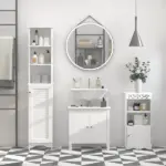 HOMCOM Tall Linen Cabinet Bathroom Floor Storage 3-Tier Shelf Cupboard White - Image 2