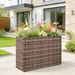 Outsunny Tall Rectangular Planter with Removable Liner, Holes, PE Wicker Large Planter Box for Indoor Outdoor Plants, Brown - Image 2