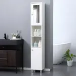 Tall White Bathroom Storage Cabinet 71" Wooden Freestanding Tower Adjustable Shelves Mirror Living Room Organizer - Image 2