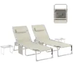 Tanning Chair Set of 2 with Face Hole and Side Table, 5-Position Folding Outdoor Chaise Lounge Chair, Beige - Image 11