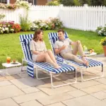 Tanning Chair Set of 2 with Face Hole and Side Table, 5-Position Folding Outdoor Chaise Lounge Chair, Blue and White - Image 2