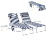 Tanning Chair Set of 2 with Face Hole and Side Table, 5-Position Folding Outdoor Chaise Lounge Chair, Blue and White - Image 11